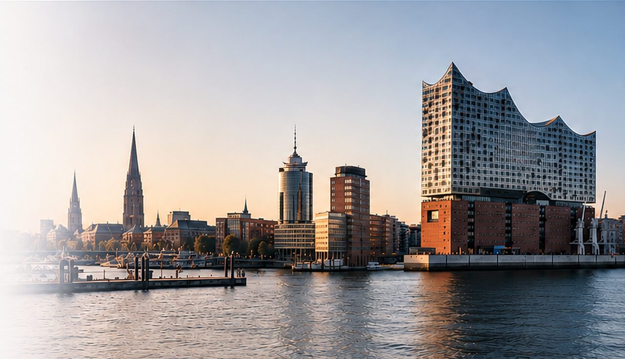 Hamburger Hafenkante mit Elbphilharmonie und den Türmen der Innenstadt